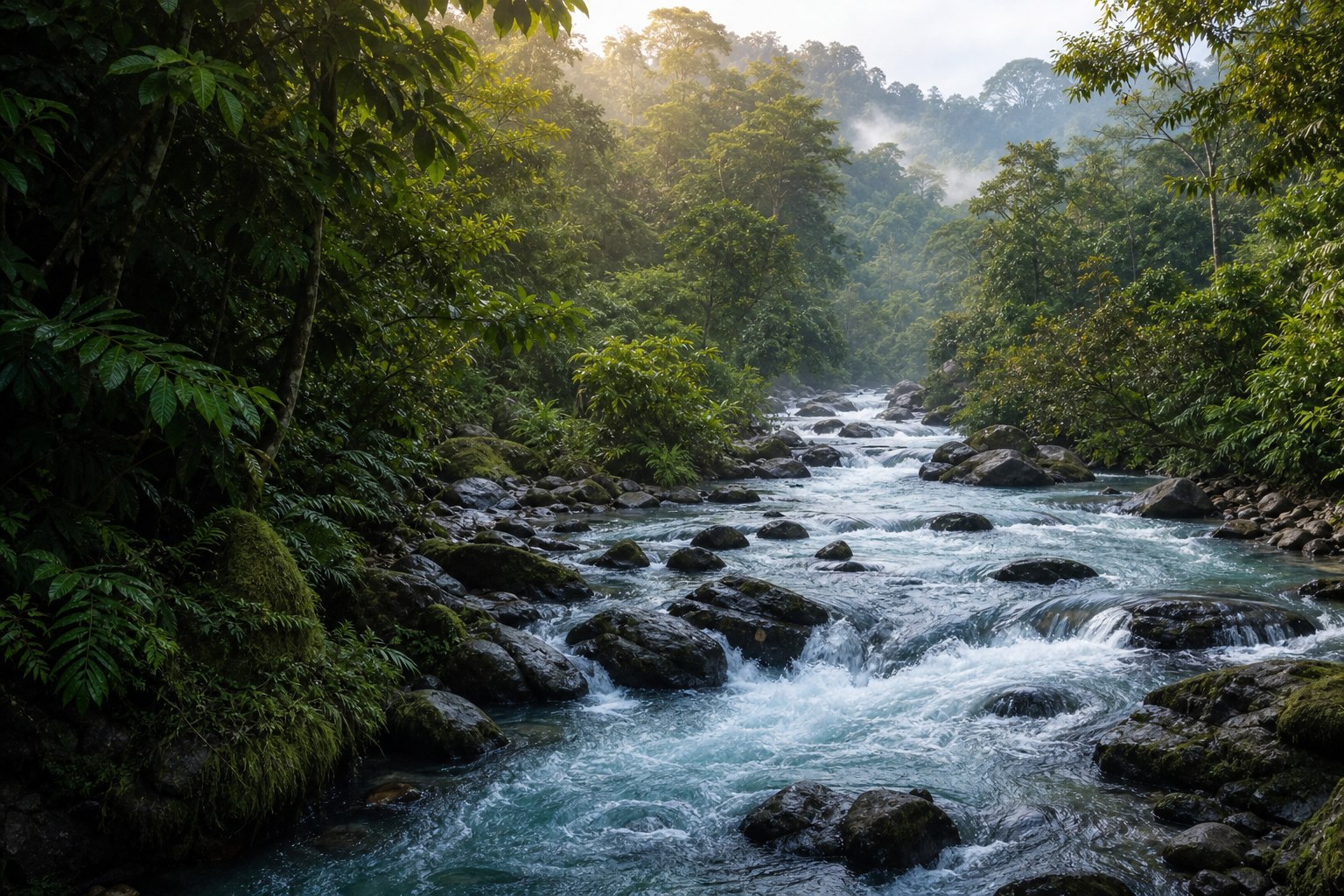 A clear river flowing through thriving tropical forest, representing renewable energy and a preserved watershed